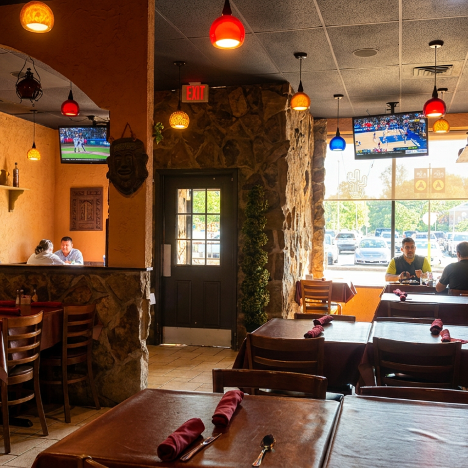 Warmly lit Southwestern restaurant dining room with colorful pendant lights, rustic decor, set tables, diners, and televisions.