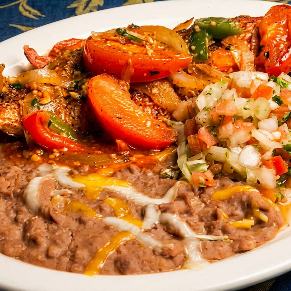 Plate of grilled fish and vegetables with refried beans topped with melted cheese and fresh pico de gallo.