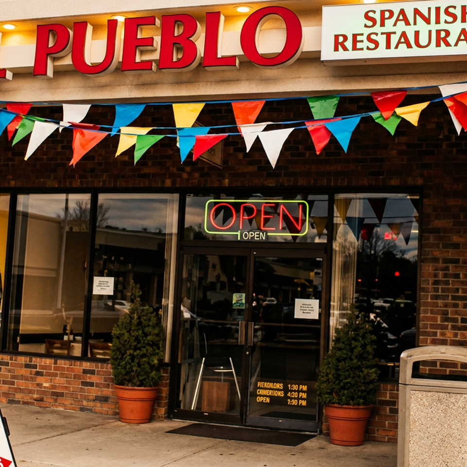 El Pueblo Spanish restaurant storefront with colorful bunting, illuminated open sign, potted shrubs, and sidewalk sign advertising Spanish food.